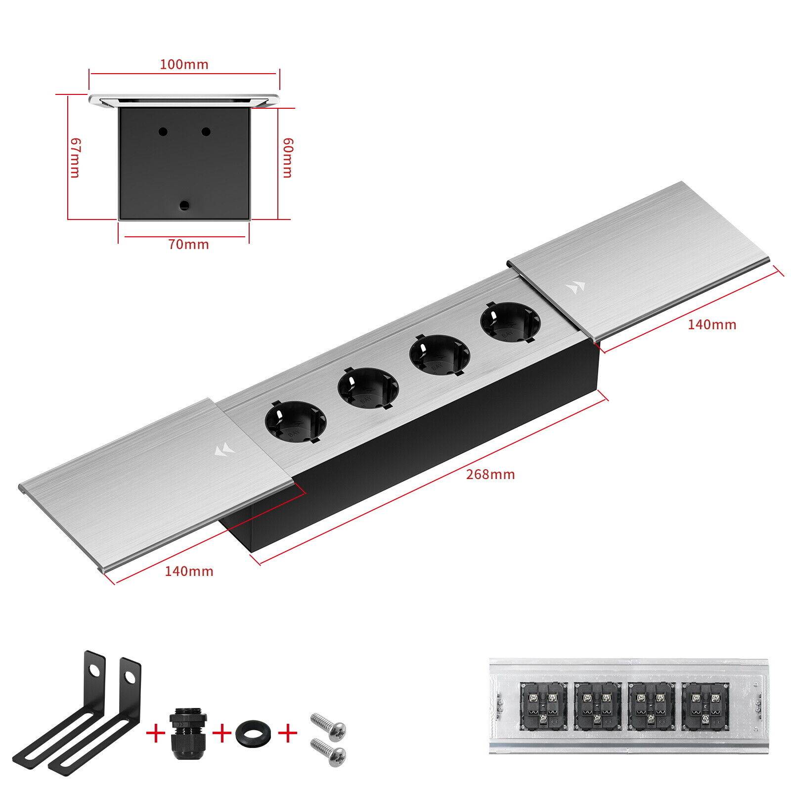 Einbausteckdose Aluminium Tischsteckdose Bodensteckdose Fußboden Steckdose 230V Modell B / 4-Fach / Silber