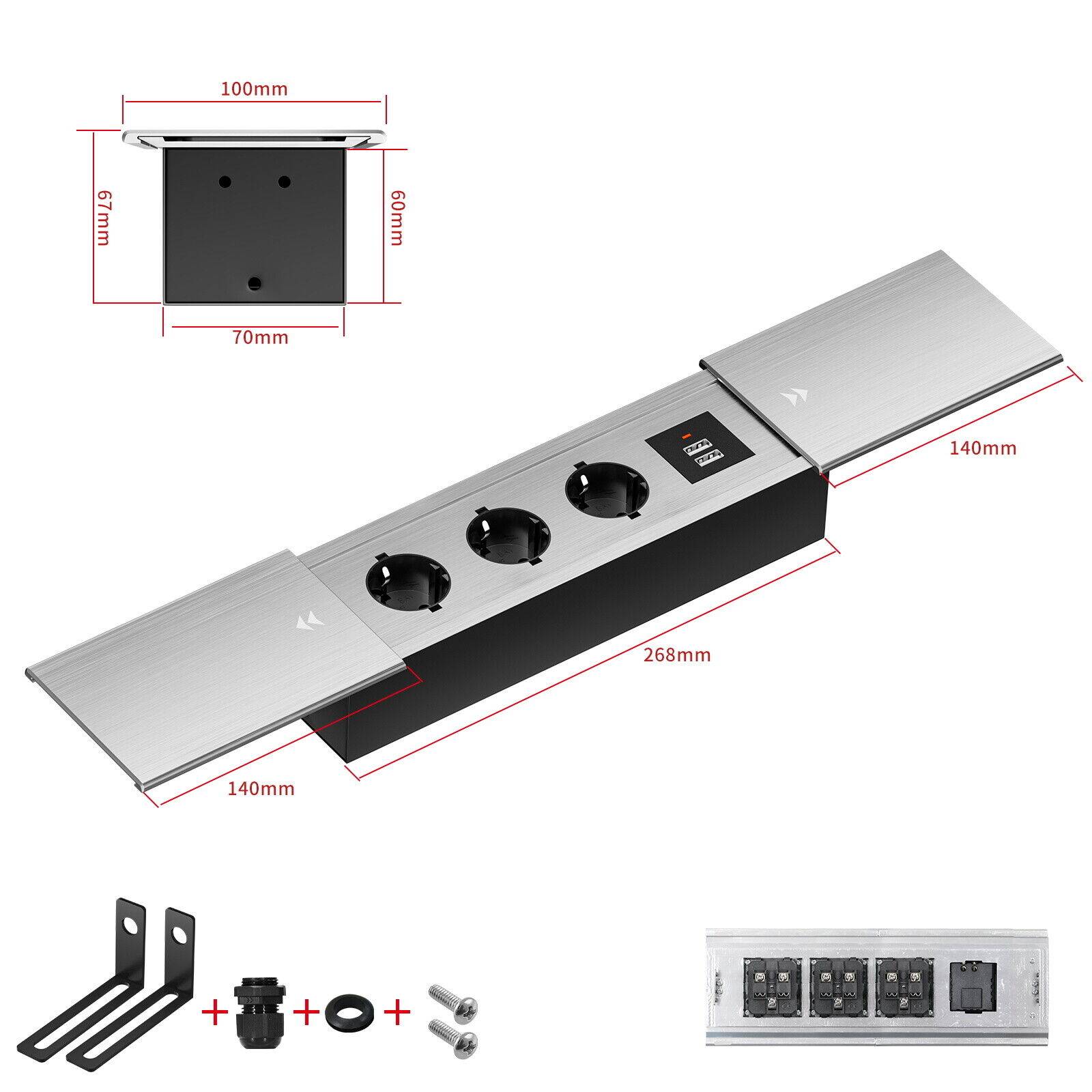 Einbausteckdose Aluminium Tischsteckdose Bodensteckdose Fußboden Steckdose 230V Modell B / 3-Fach + USB / Silber