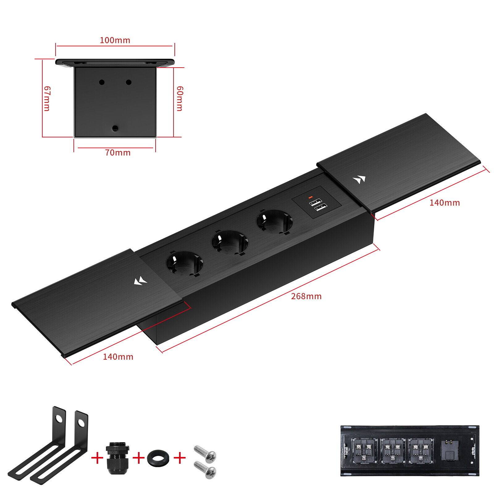 Einbausteckdose Aluminium Tischsteckdose Bodensteckdose Fußboden Steckdose 230V Modell B / 3-Fach + USB / Schwarz