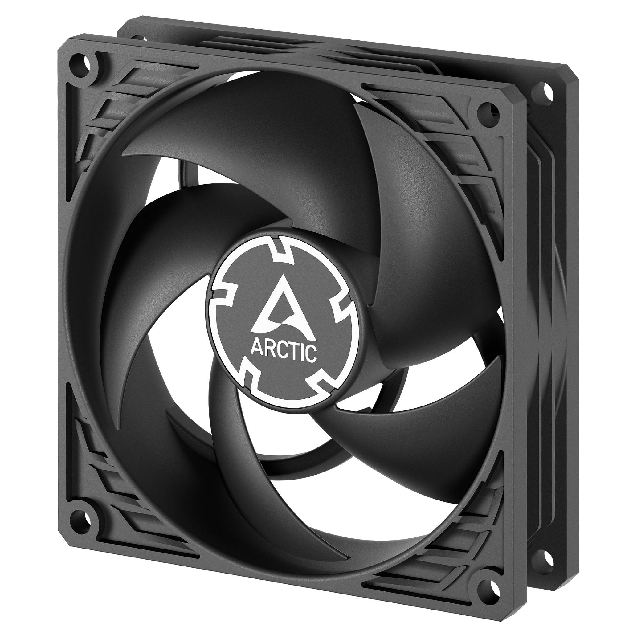 Ein schwarzer Computer-Kühlventilator mit vier Blättern, in der Mitte mit 