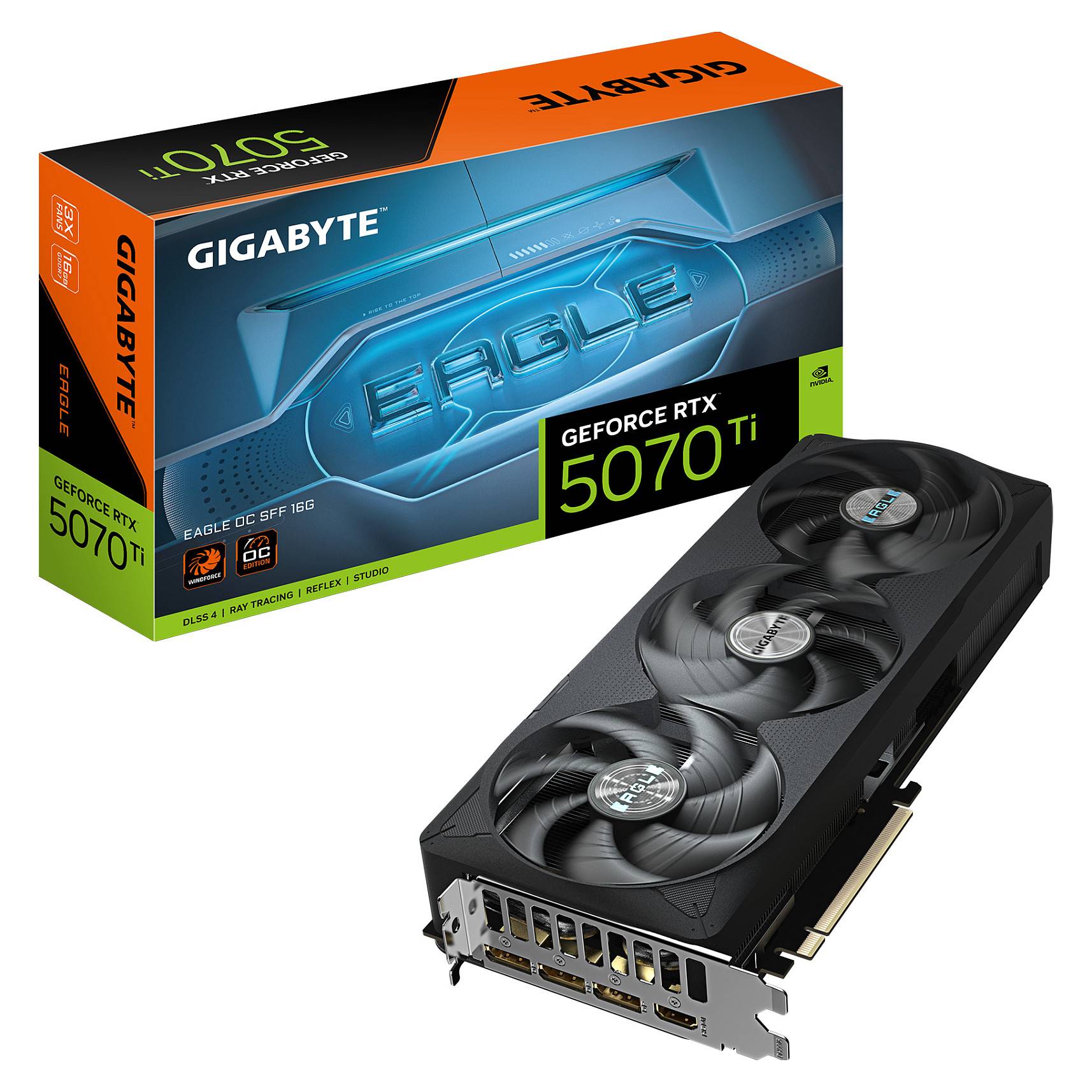 GIGABYTE GeForce RTX 5070 Ti Grafikkarte und Verpackung; verfügt über ein Dreifach-Lüfter-Kühldesign und hebt die fortgeschrittene Gaming-Leistung hervor.