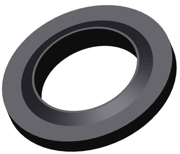 Eine Darstellung eines schwarzen ringförmigen Objekts oder einer Dichtung, aus einem Winkel betrachtet, die seine kreisförmige Gestalt und den hohlen Mittelpunkt zeigt.