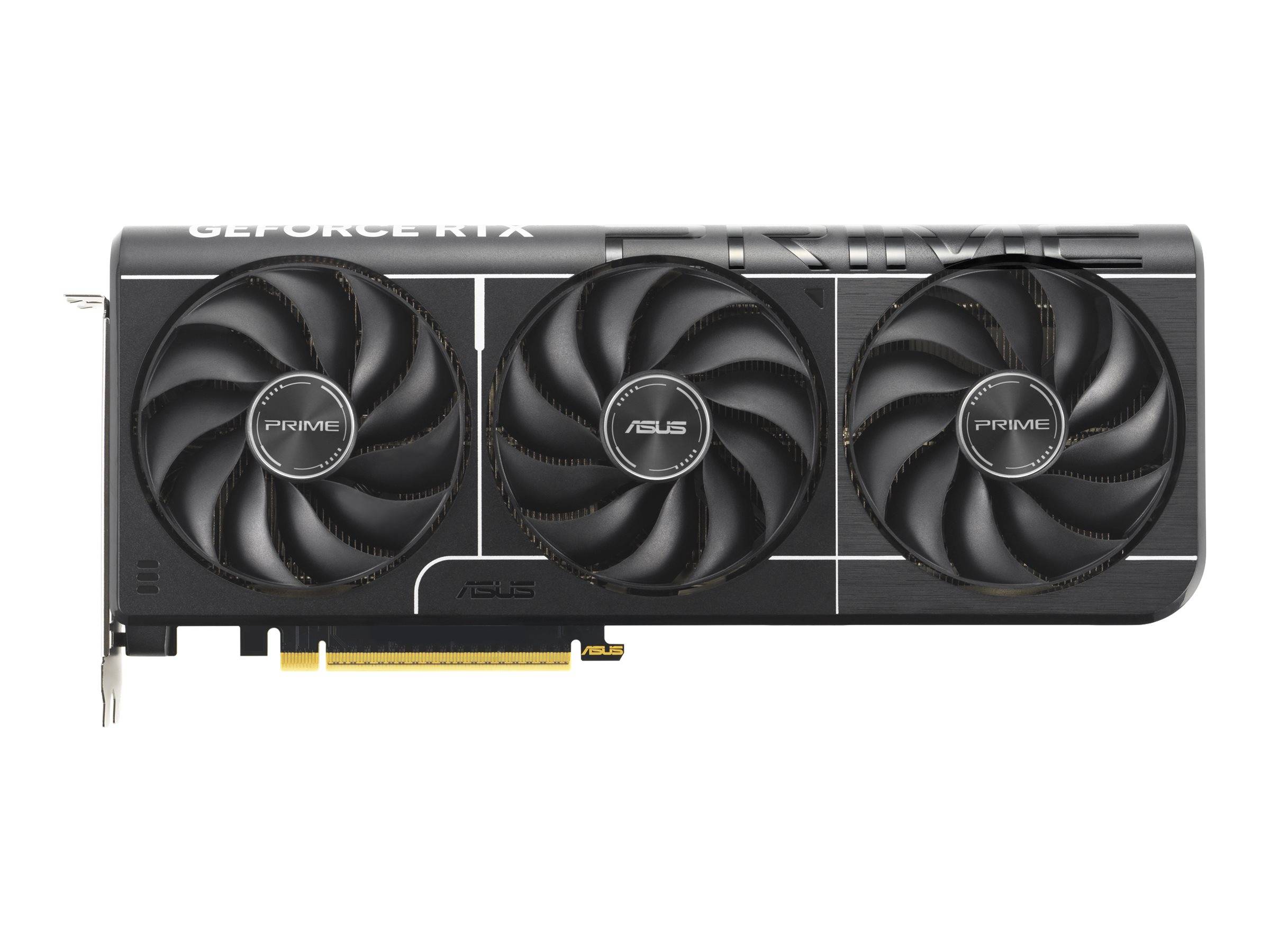 Schwarze ASUS Prime GeForce RTX Grafikkarte mit drei Kühlventilatoren, dargestellt auf weißem Hintergrund