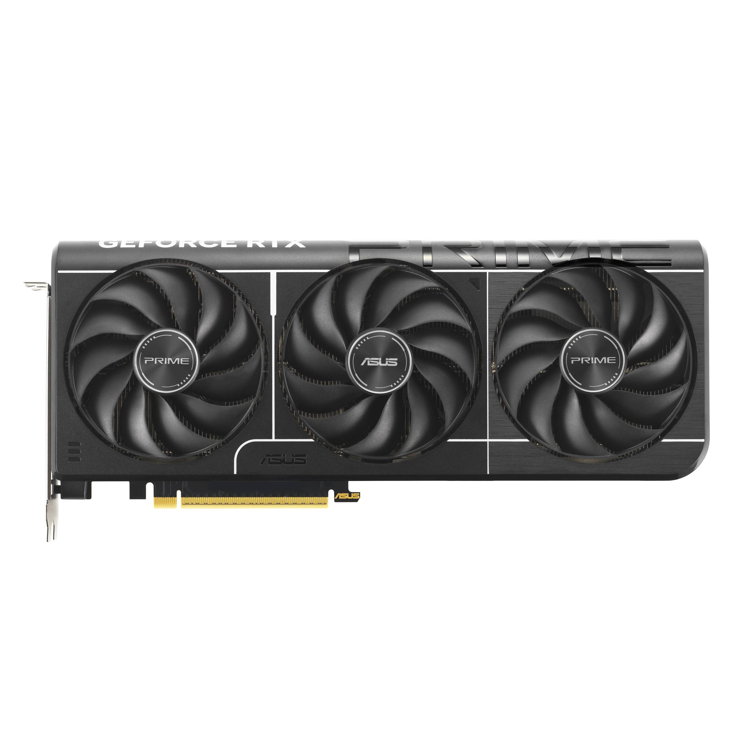 ASUS GeForce RTX Grafikkarte von vorne gezeigt mit drei Kühlerlüftern und einer schwarzgrauen Abdeckung vor dunklem Hintergrund.