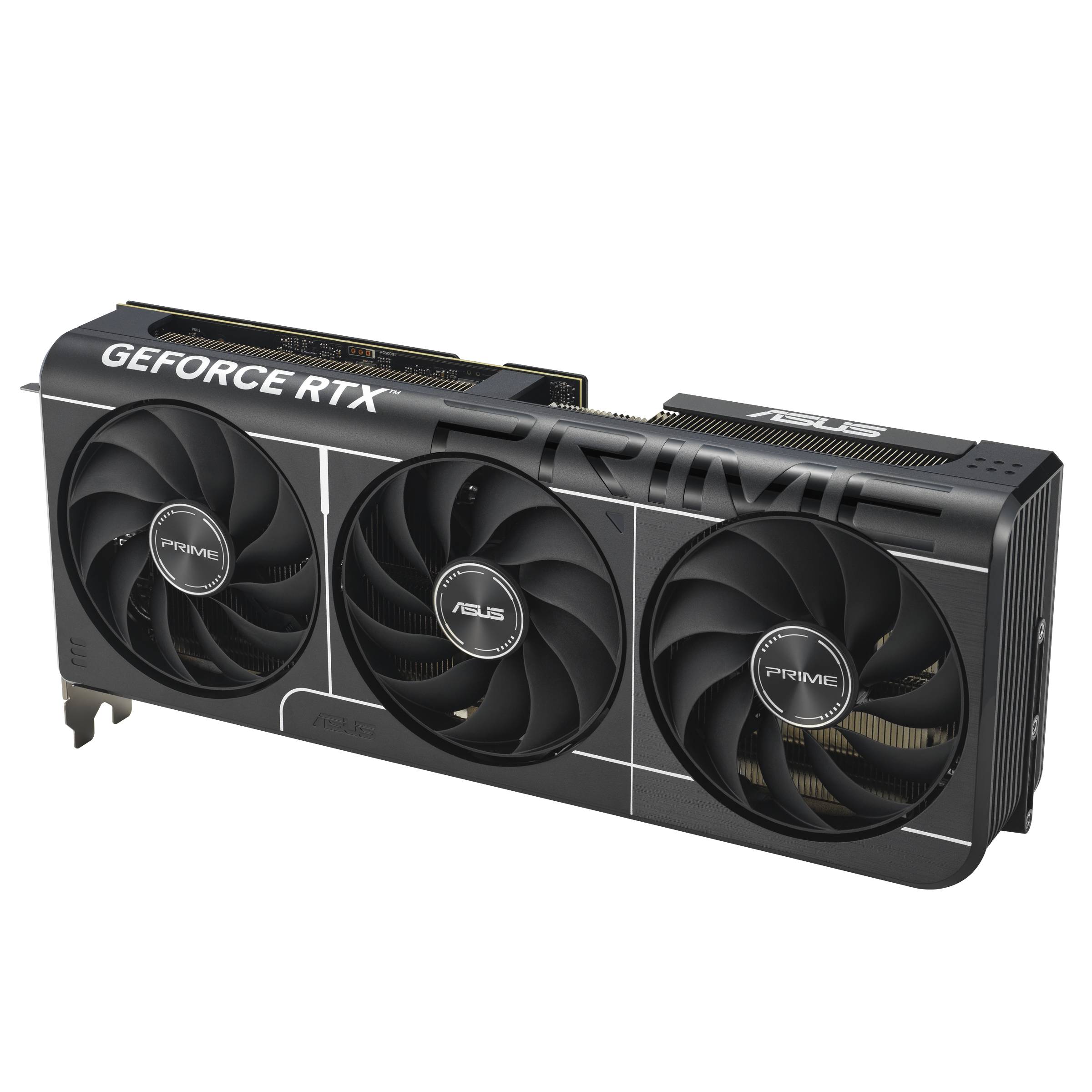 ASUS GeForce RTX Prime Grafikkarte mit drei Kühlventilatoren auf schwarzem Hintergrund