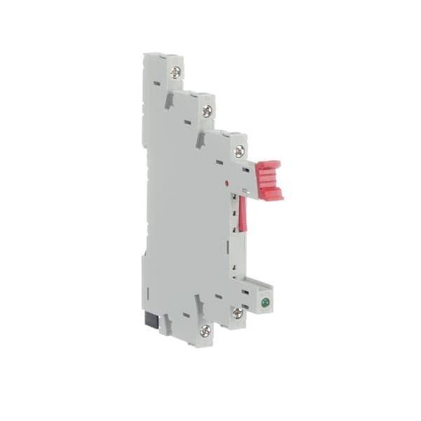 Ein grauer Relaisschraubsockel mit rotem Verriegelungshebel, verwendet zur Montage von Relais. Er verfügt über Schraubklemmen und ein kompaktes Design für elektrische Anwendungen.