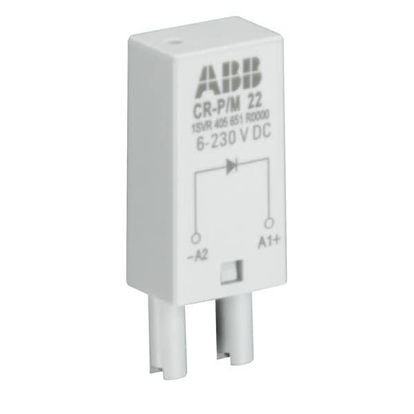 Ein Relais von ABB, Modell CR-P/M 22, gekennzeichnet mit 6-230 V DC mit Anschlusspunkten, die mit -A2 und A1+ markiert sind.