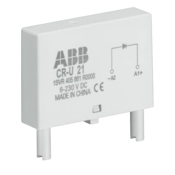 Ein rechteckiger weißer ABB-Relais mit der Bezeichnung 'CR-U 21', versehen mit einem elektrischen Symbol und der Anzeige '6-230V DC', mit zwei Anschlusspins darunter.