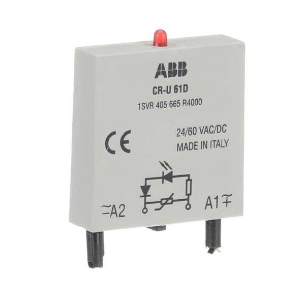 Eine elektrische Relaiskomponente mit einer roten LED-Anzeige oben. Markierungen zeigen 'ABB CR-U 61D', '24/60 VAC/DC' und 'Made in Italy'.