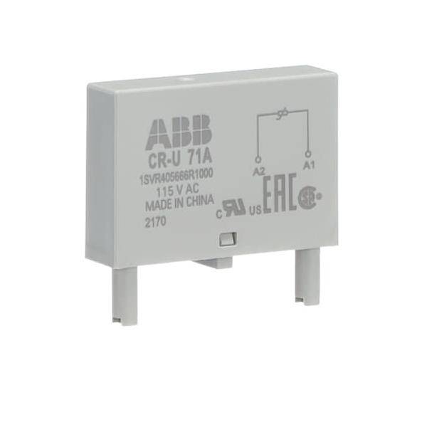 Eine rechteckige Komponente mit der Bezeichnung 'ABB CR-U 71A', 115 V AC, mit einer Schaltskizze zur Darstellung der elektrischen Verbindungen und dem Text 'Made in China'.