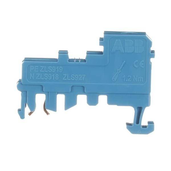 Ein blauer Kunststoff-Elektro-Anschlussblock von ABB, beschriftet mit 'PE ZLS919' und 'N ZLS918 ZLS927', mit einem Schraubendreher-Symbol und '1,2 Nm'.