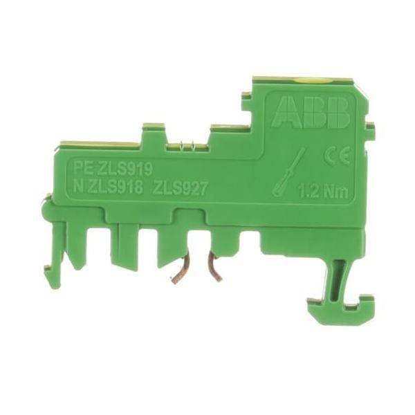 Grüner elektrischer Anschlussblock mit dem Text PE ZLS919, N ZLS918 ZLS927, 1,2 Nm. Mit ABB-Logo und CE-Kennzeichnung.