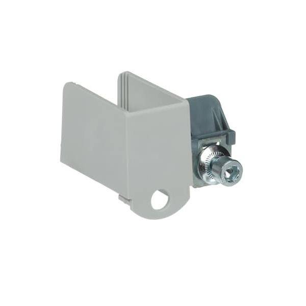 Halterung mit einer Schraube, entwickelt für Befestigungszwecke, bestehend aus einem rechtwinkligen Metallrahmen mit einem Loch zur Befestigung.