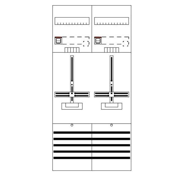 Technische Zeichnung: Zwei parallele Kontrollpulte, jeweils mit Schiebereglern und Messinstrumenten, über einer Reihe horizontaler Linien, die Luftströmungsöffnungen andeuten.