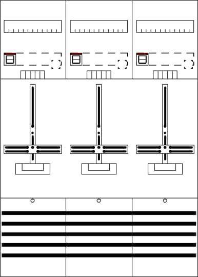 Eine Grafik mit drei Start- und Landebahn-Layouts mit Pfeilen, die die Richtung angeben. Jede Start- und Landebahn hat daneben liegende Gebäude am oberen Ende.
