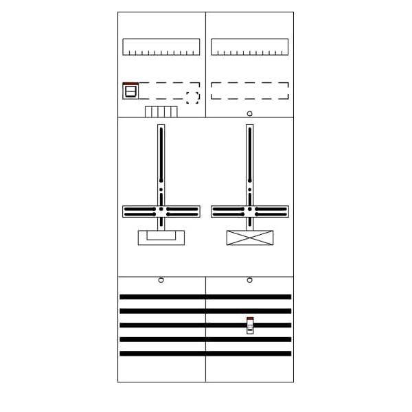 Steuerungsschaltplan mit zwei Klemmenleisten, Leitungen und Schaltern, der elektrische Verbindungen und Signalwege darstellt.