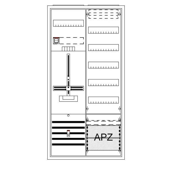 Ein schematisches Diagramm eines Panels mit beschrifteten Abschnitten, einschließlich des Textes 'APZ', verschiedener Leitungen und Symbolen, die elektrische Komponenten darstellen.