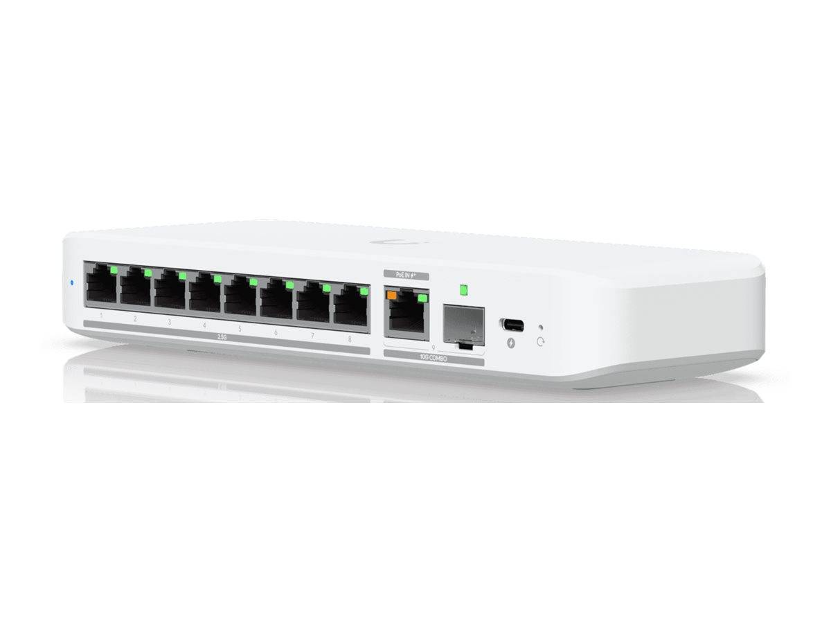 Weißer Netzwerk-Switch/Router mit acht Ethernet-Anschlüssen und zusätzlichem Uplink, USB und Stromversorgungs-/Anzeigelichtern auf der Frontplatte.