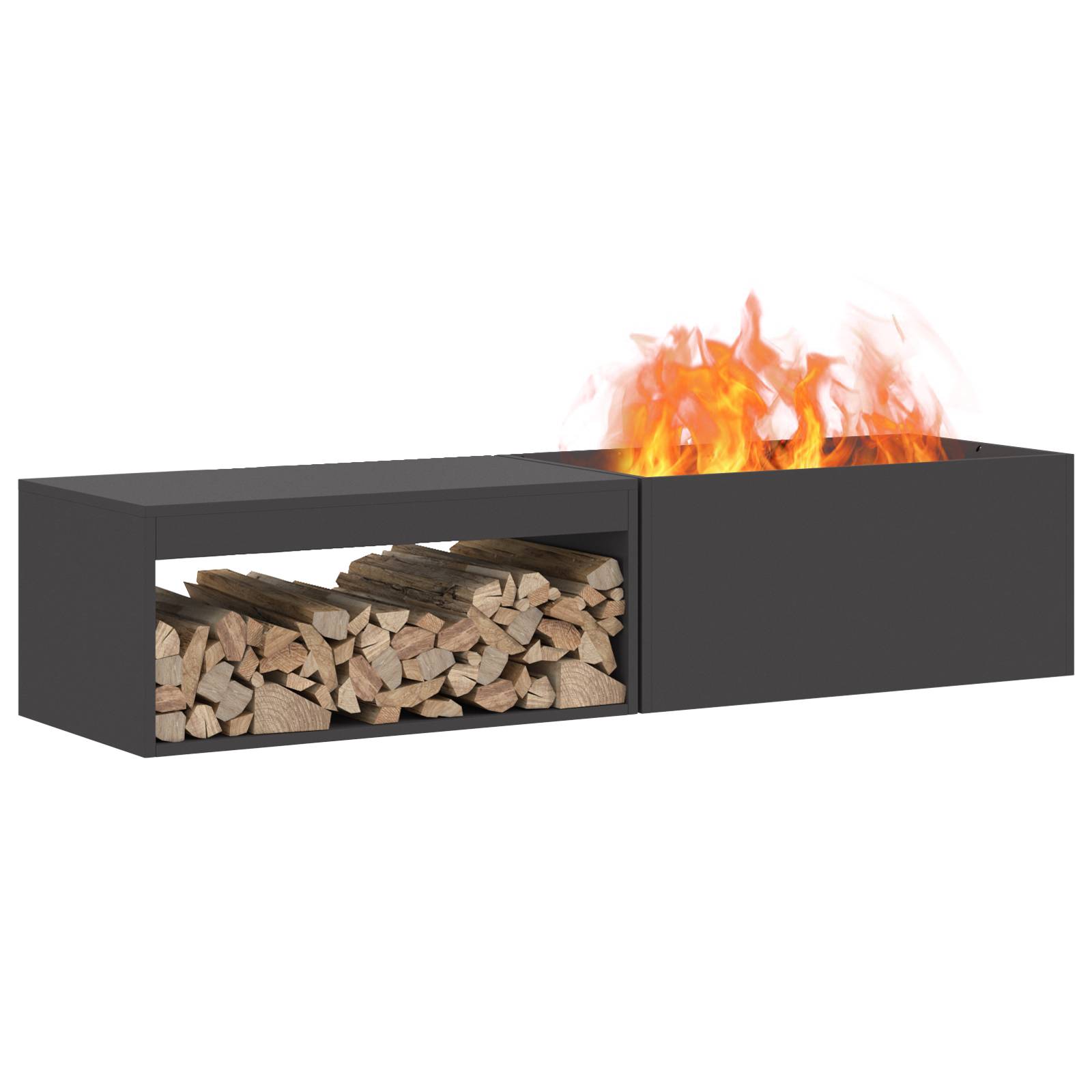 vidaXL Feuerstelle mit Holzlager Schwarz 160x45x35 cm Stahl