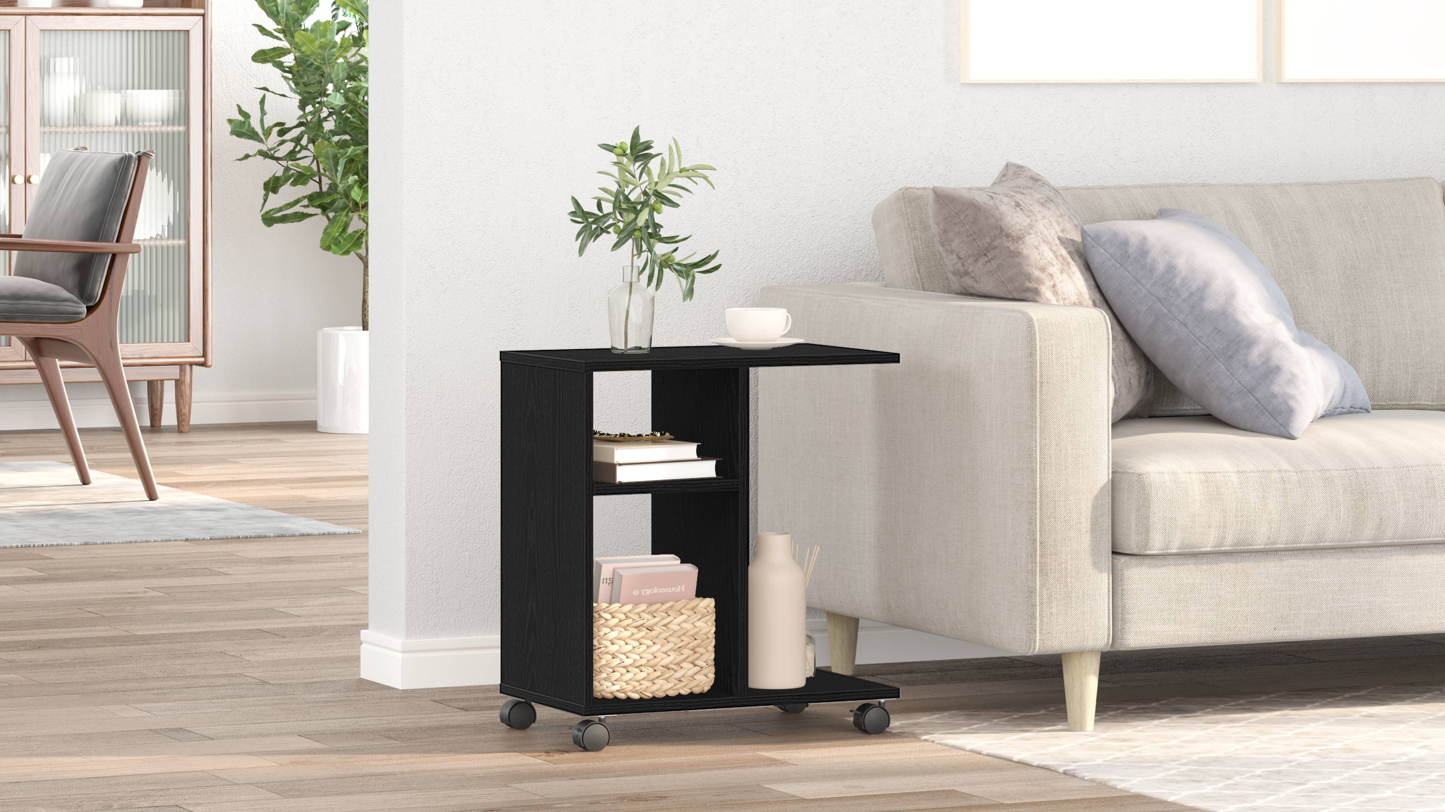 vidaXL Beistelltisch mit Rollen Schwarz Eiche 50x30x55cm Holzwerkstoff
