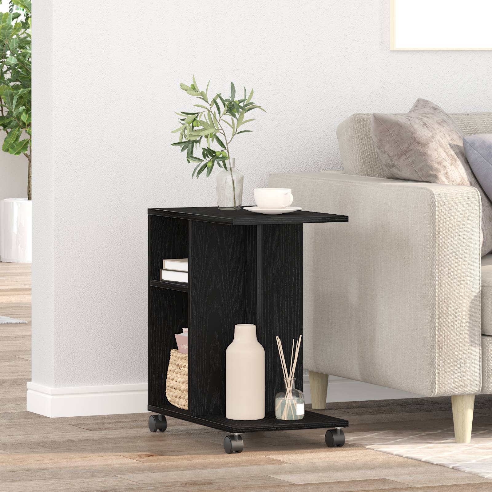 vidaXL Beistelltisch mit Rollen Schwarz Eiche 50x30x55cm Holzwerkstoff