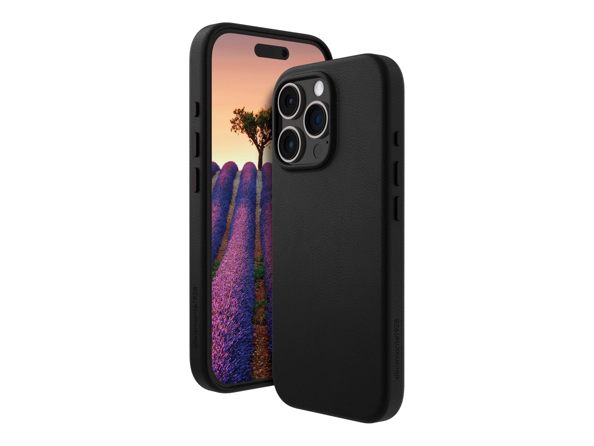 Eine schwarze Smartphone-Hülle mit drei Kameraaussparungen wird präsentiert, die eine Lavendelfeld mit einem Sonnenuntergang auf dem Telefonbildschirm zeigt.