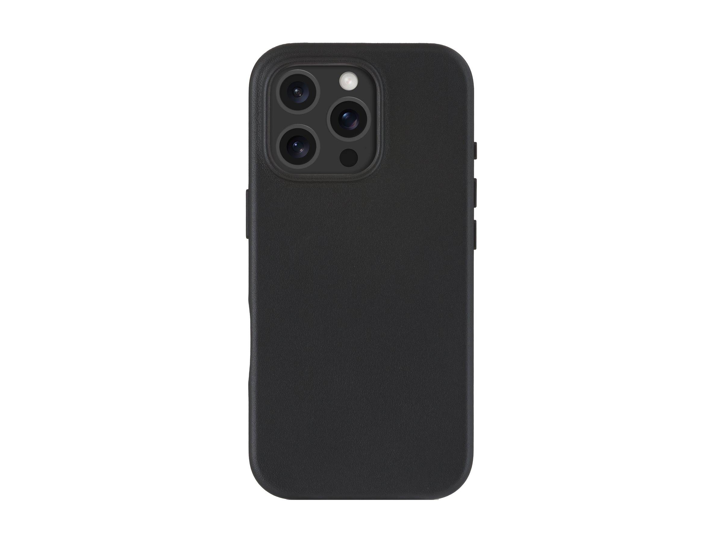 Schwarze Smartphone-Hülle von hinten gezeigt, mit einer erhabenen quadratischen Aussparung für die Kameraobjektive und den Blitz.