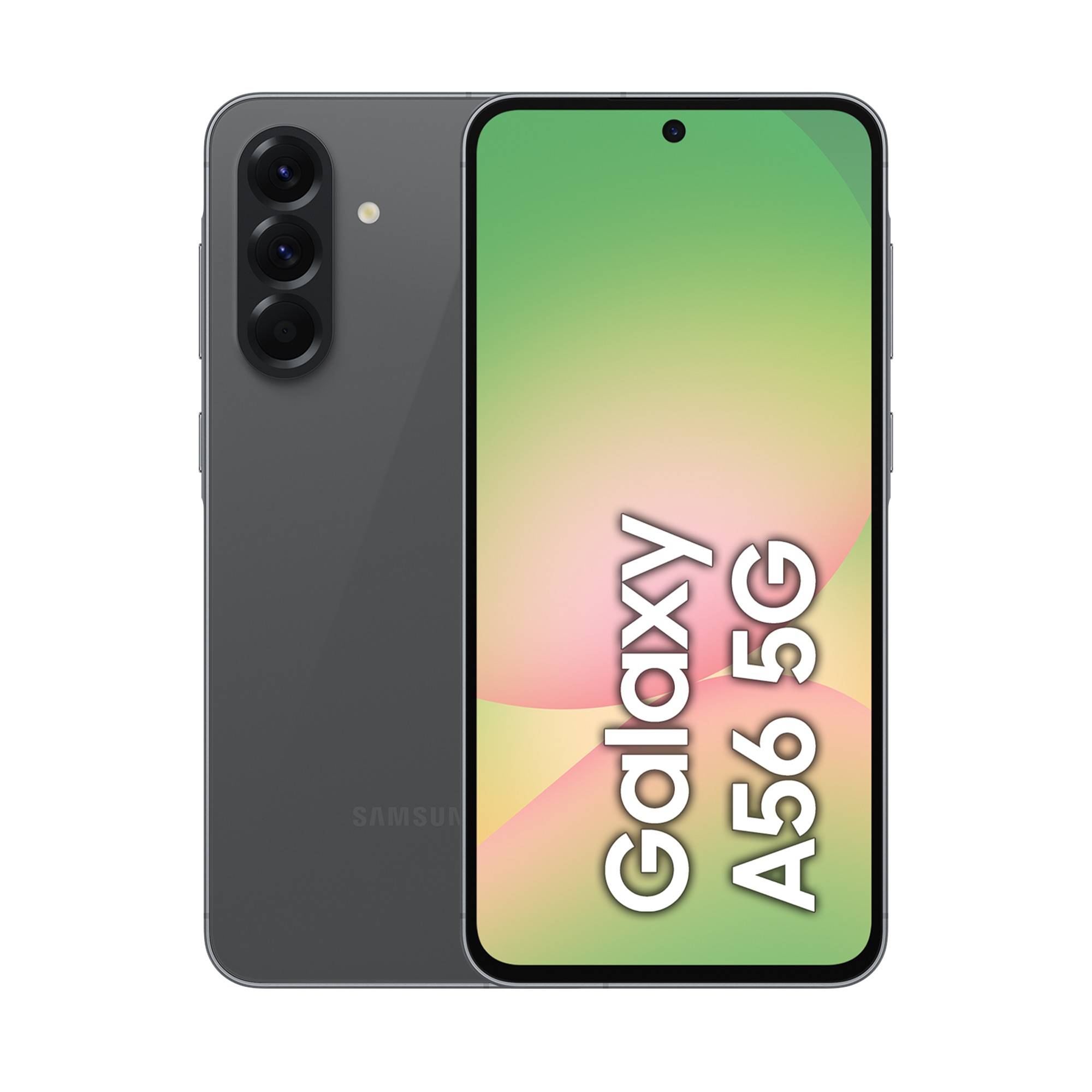 Samsung Galaxy A56 5G Smartphone von vorne und hinten in dunkelgrau gezeigt, mit dreifacher Rückfahrtkamera und Display mit Lochstanze, auf dem 