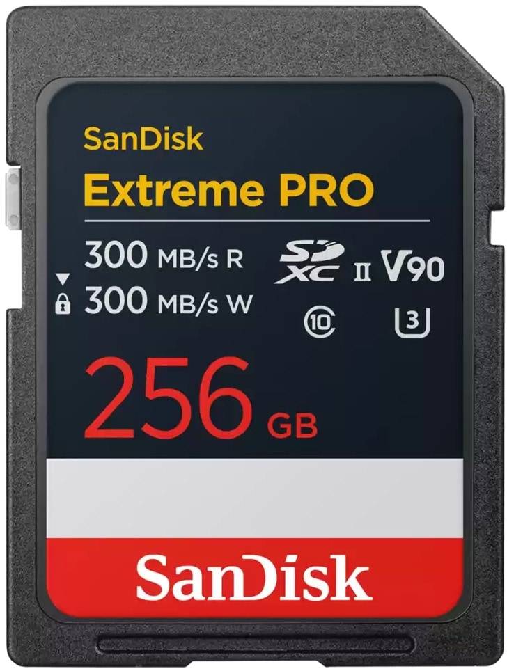 SanDisk Extreme PRO 256 GB' Speicherkarte mit Lese-/Schreibgeschwindigkeiten von 300 MB/s. Geeignet für SDXC-Geräte, Klasse 10 und V90 erfüllend.