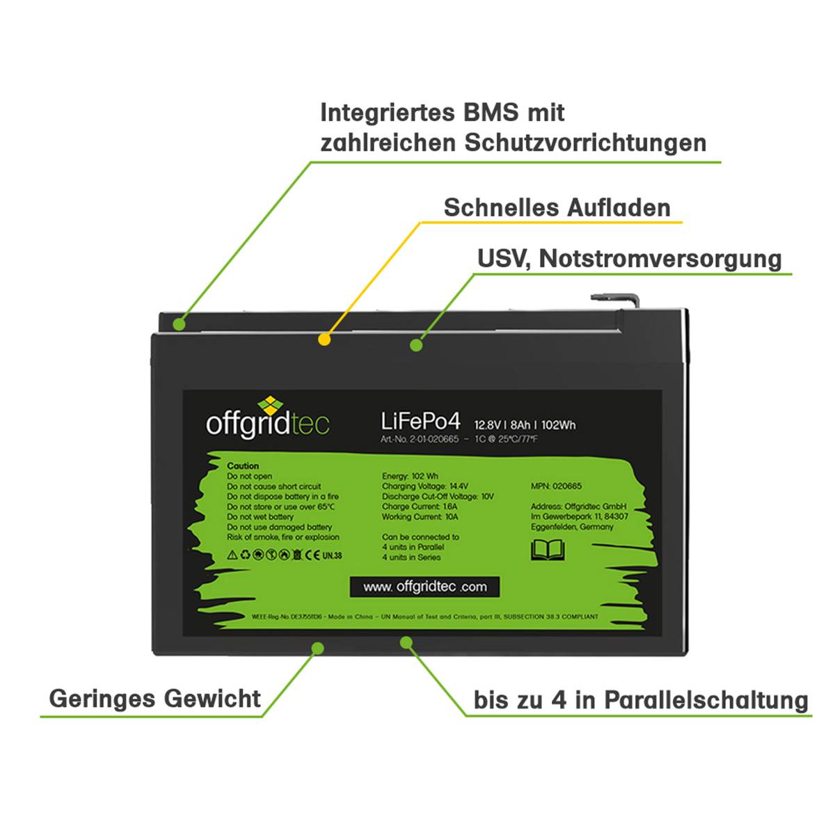 Offgridtec LiFePo4 Akku 12/8 12,8V 8Ah BMS integriert 102Wh