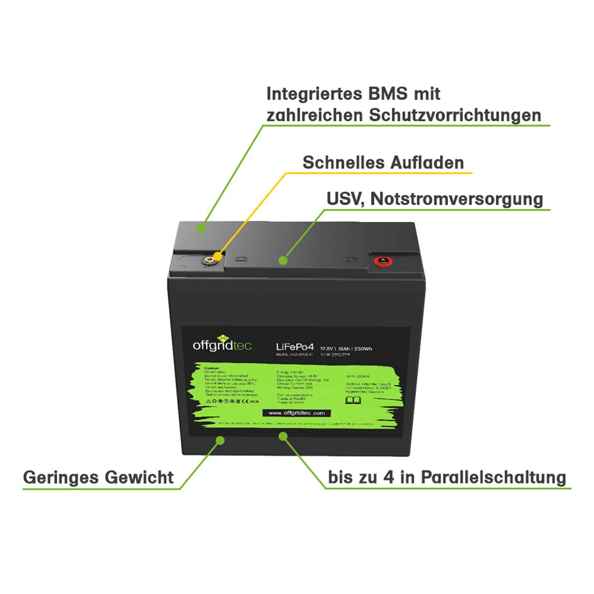 Offgridtec LiFePo4 Akku 12/18 12,8V 18Ah BMS integriert 230Wh