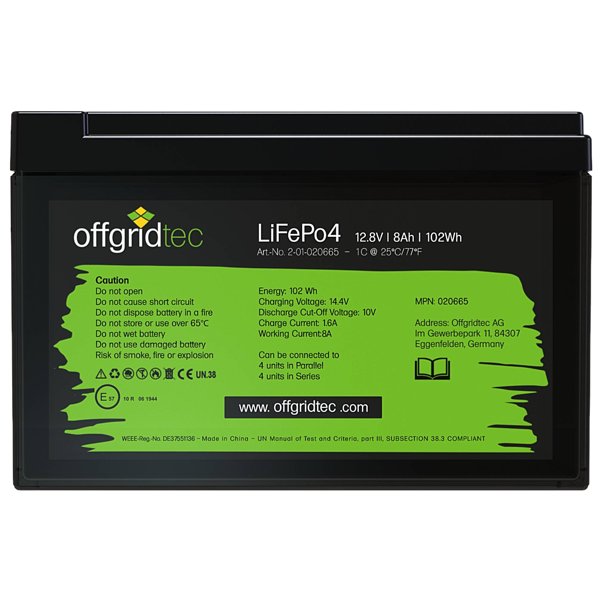 Offgridtec LiFePo4 Akku 12/8 12,8V 8Ah BMS integriert 102Wh
