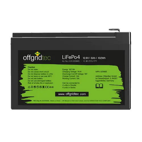 Offgridtec LiFePo4 Akku 12/8 12,8V 8Ah BMS integriert 102Wh Offgridtec LiFePo4 Akku 12/8 12,8V 8Ah BMS integriert 102Wh