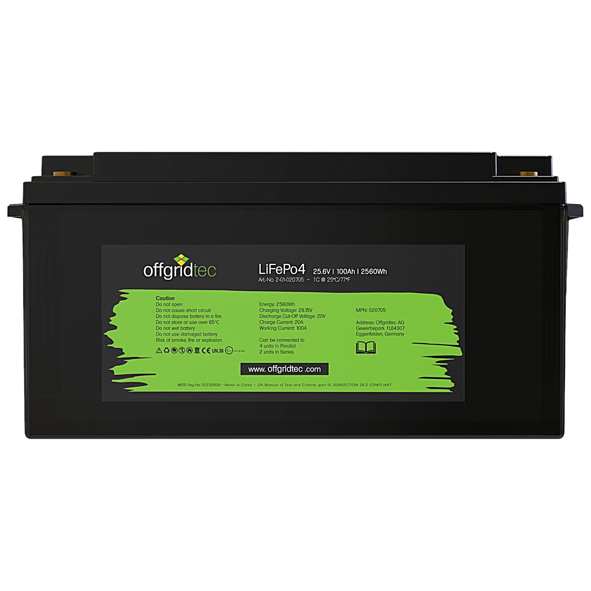 Schwarzes Offgridtec LiFePo4-Batteriepack mit der Bezeichnung 25,6V 100Ah 2560Wh, Vorderansicht mit grünem Produktetikett.