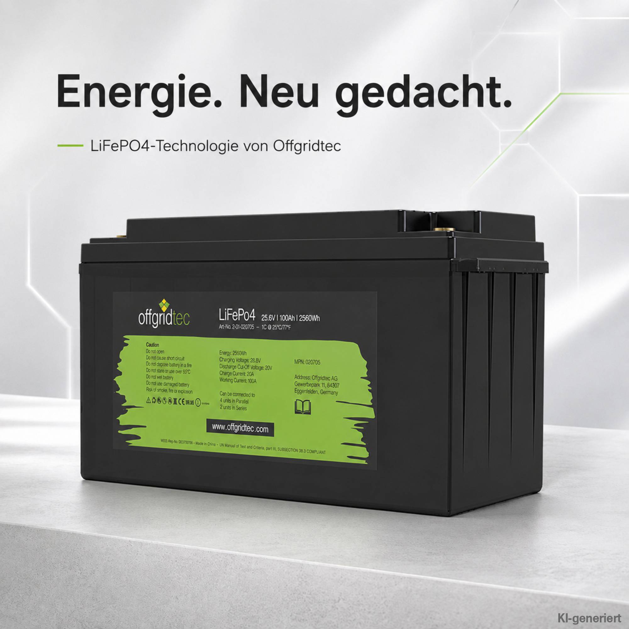 Schwarze LiFePO4-Batterie von Offgridtec mit dem deutschen Slogan „Energie. Neu gedacht.