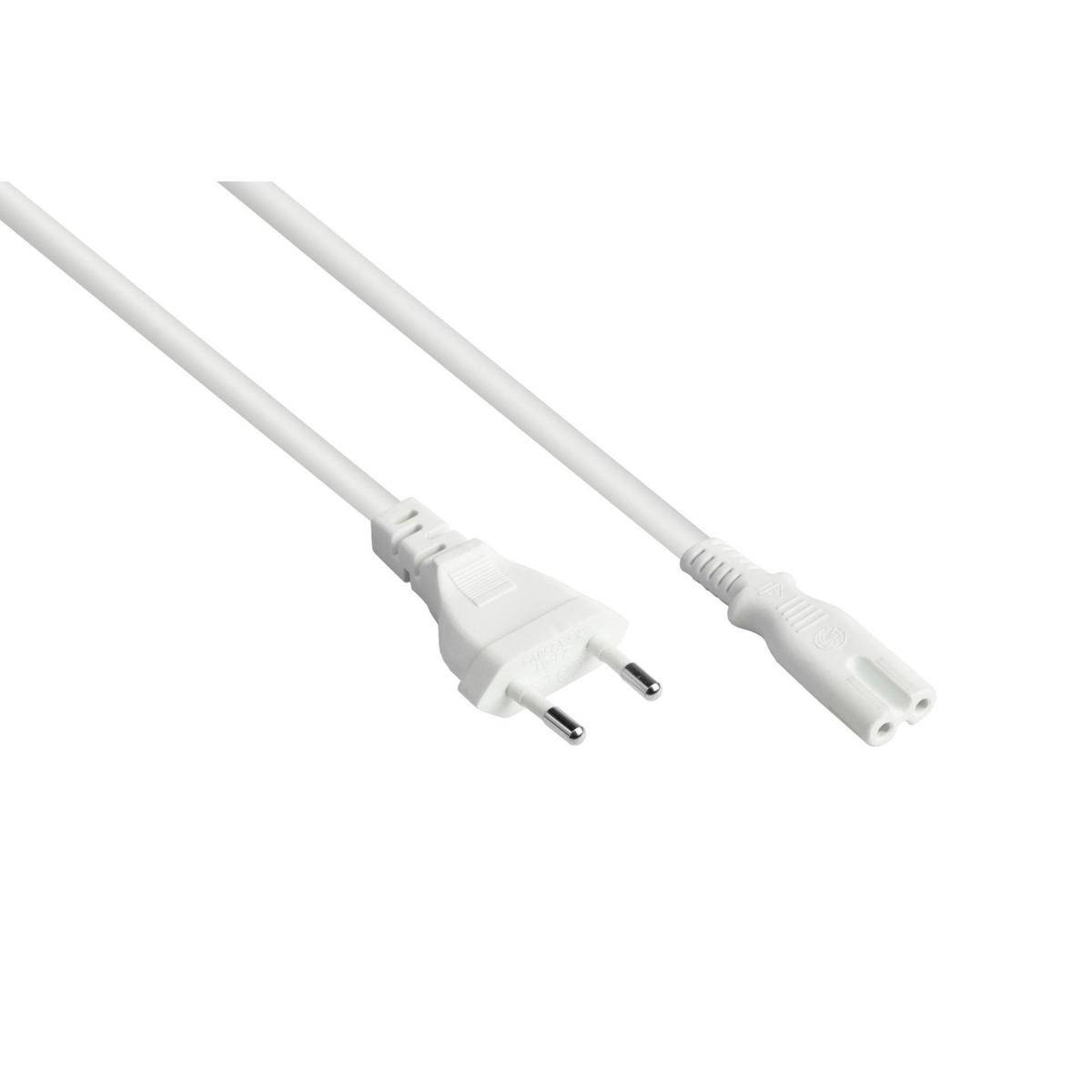 Ein weißes europäisches Netzkabel mit Stecker- und Socketenden, das zur Verbindung elektronischer Geräte mit Stromsteckdosen verwendet wird.
