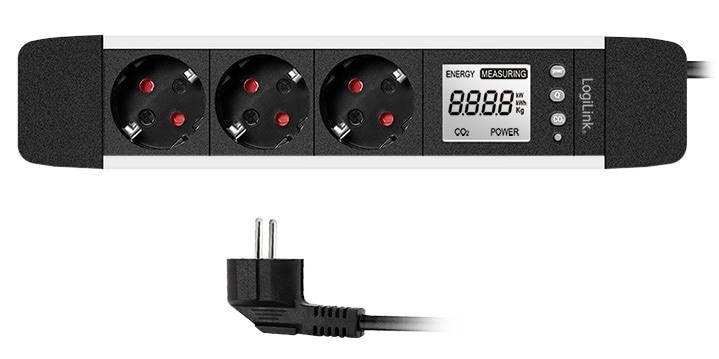 Steckdosenleiste mit drei europäischen Steckdosen, einem angebrachten Stecker am Boden und einer digitalen Anzeige mit der Aufschrift 
