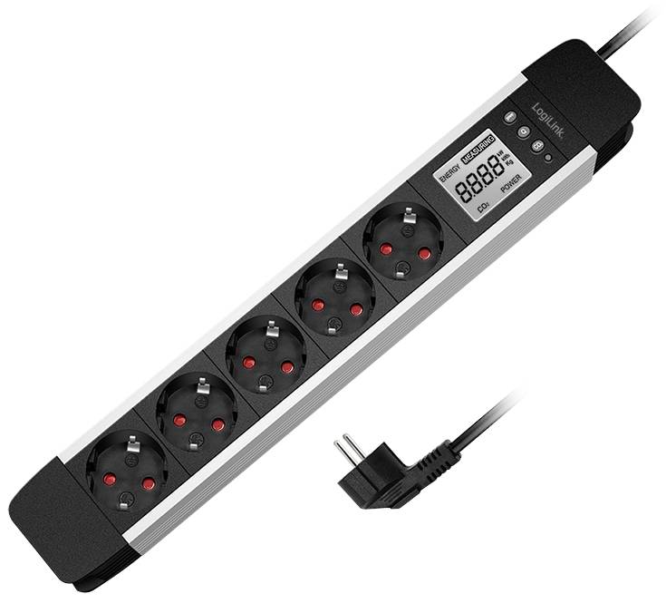 Ein schwarzer Steckerleiste mit vier Steckdosen und einer digitalen Anzeige, die '88888' zeigt. Ein Netzkabel mit einem Stecker ist mit der Leiste verbunden.