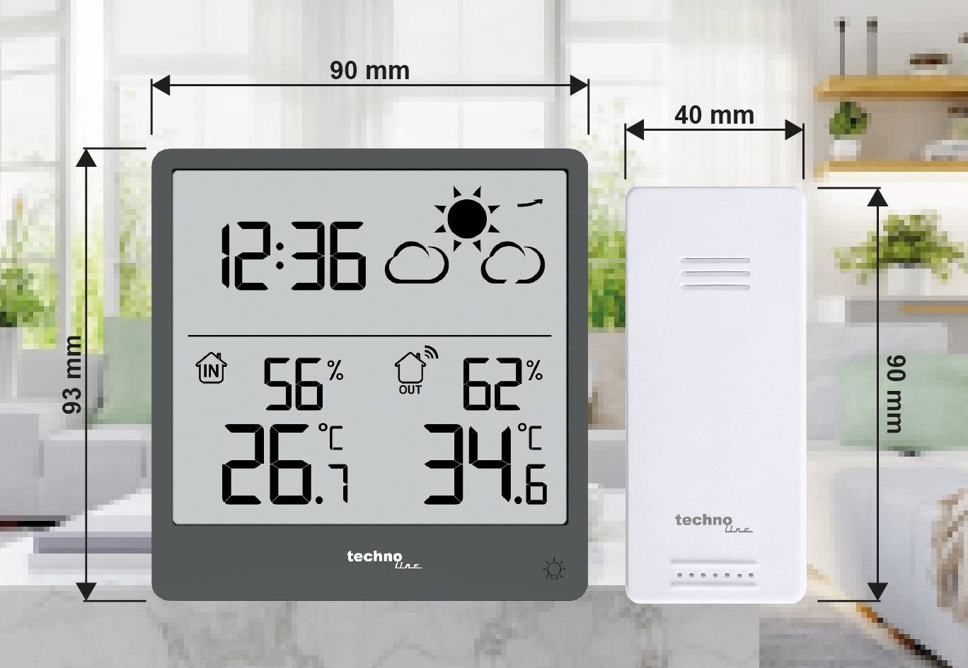 Digitale Wetterstation zeigt Innentemperatur von 26,7°C, Luftfeuchtigkeit von 56%, und Außentemperatur von 34,6°C, Luftfeuchtigkeit von 62%.