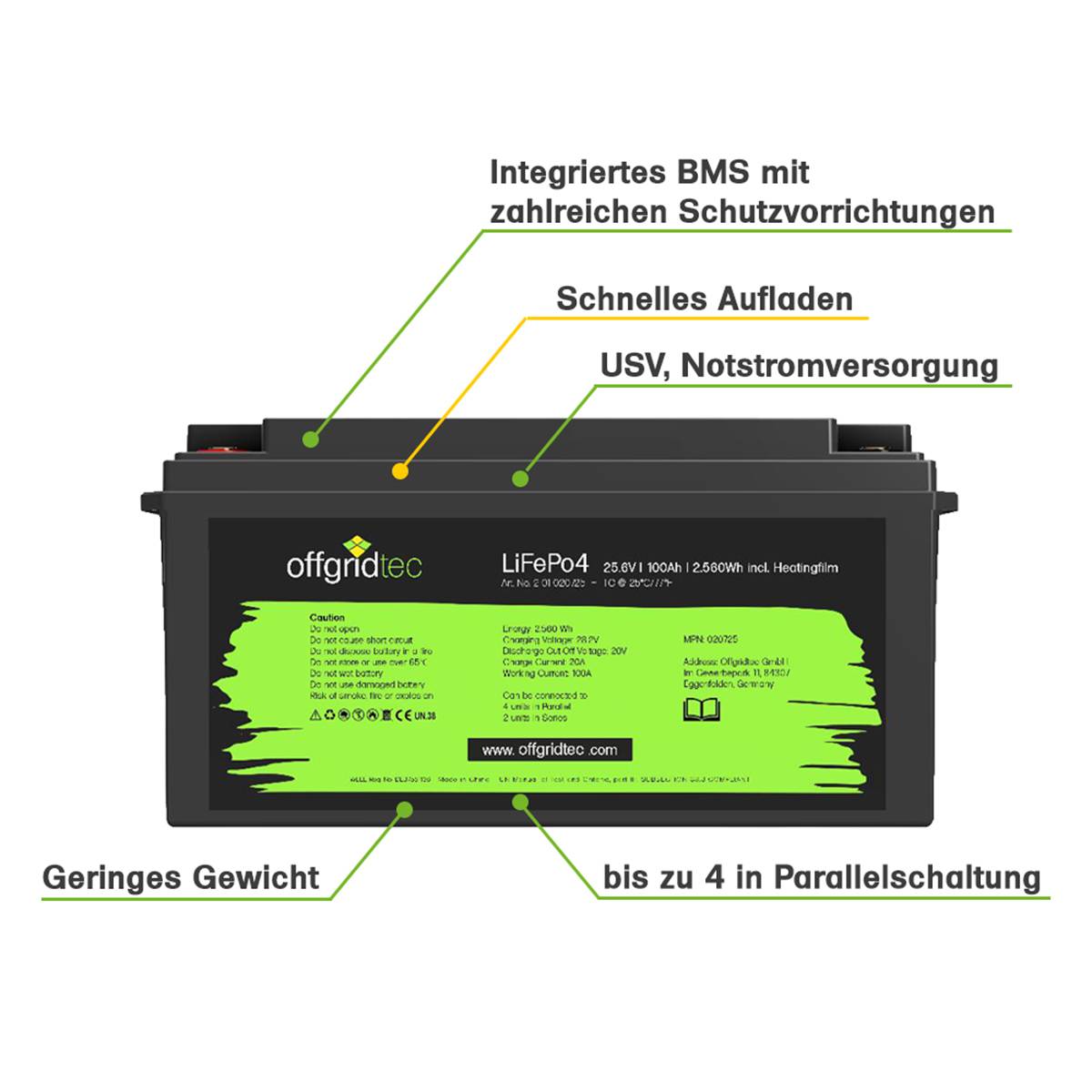 Offgridtec LifePO4 Akku 25,6/100 25,6V 100Ah mit BMS und Heizmatte 2560Wh