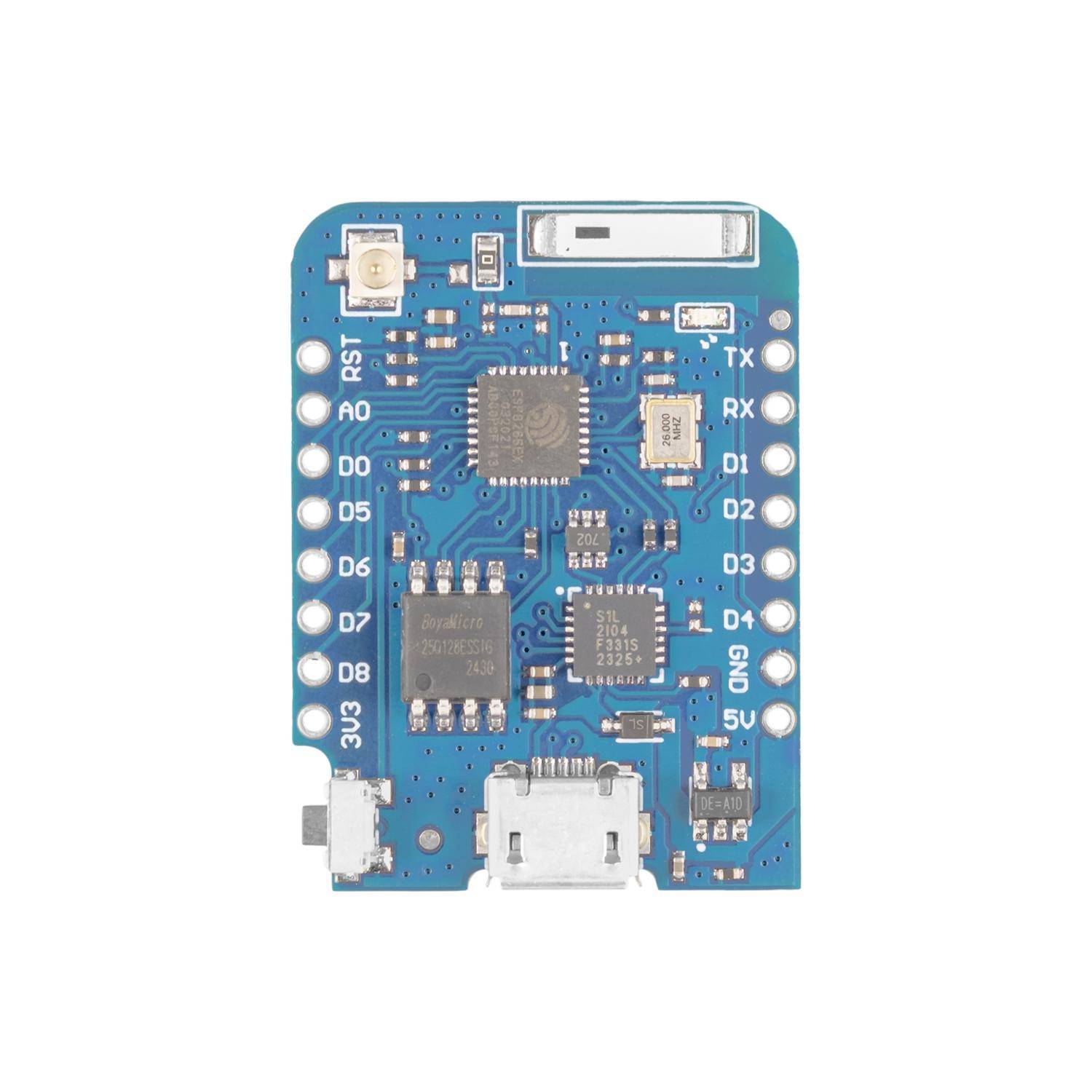 Ein kompaktes blaues Leiterplättchen mit mehreren Anschlüssen und Chips, einschließlich Mikrocontroller und USB-Anschluss, das für elektronische Projekte verwendet wird.