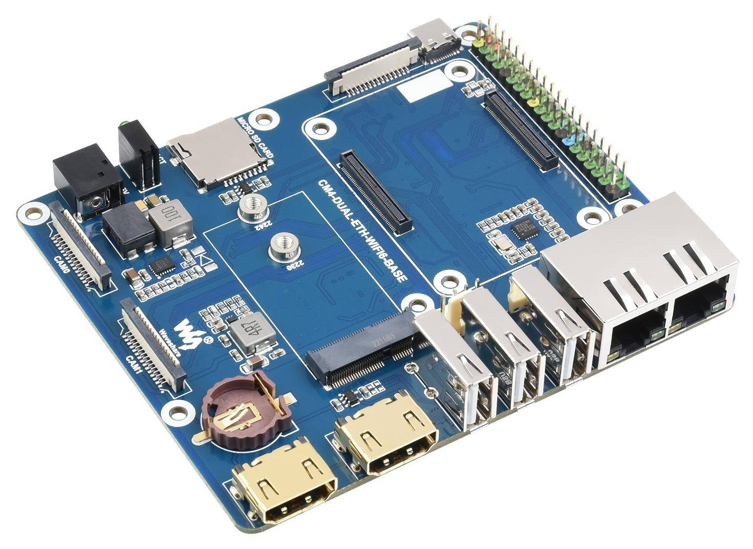Waveshare, WIFI 6 Dual ETH Base Board für Raspberry Pi Compute Module 4, Gigabit, 100M, M.2 E KEY