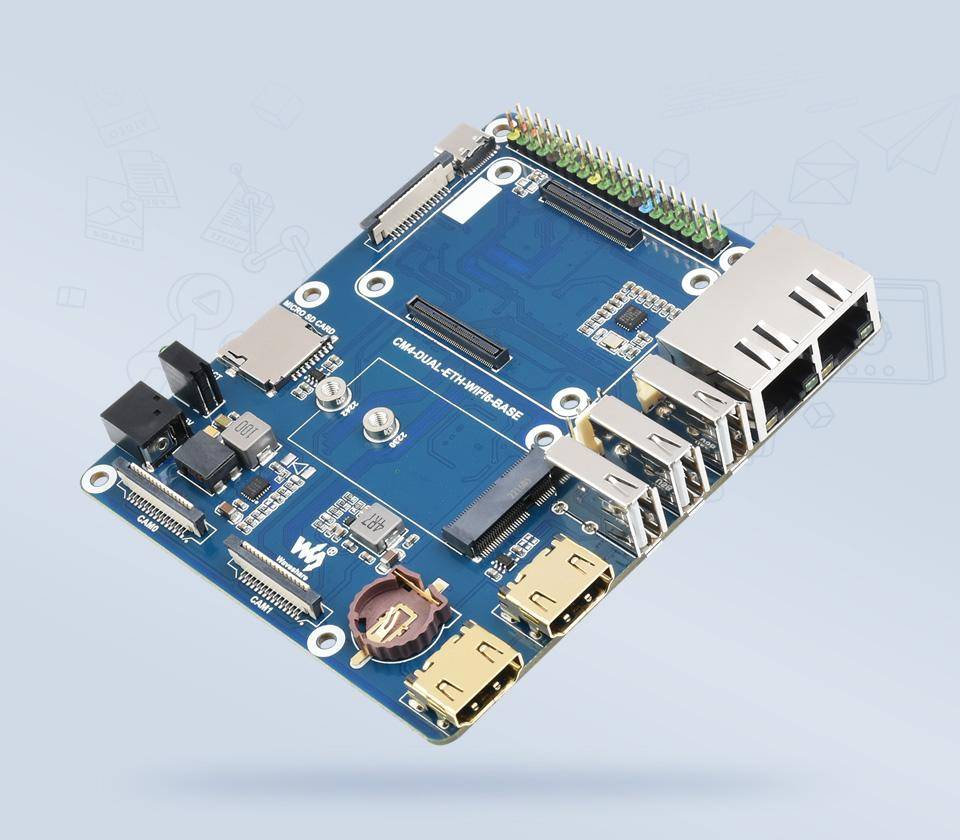 Waveshare, WIFI 6 Dual ETH Base Board für Raspberry Pi Compute Module 4, Gigabit, 100M, M.2 E KEY