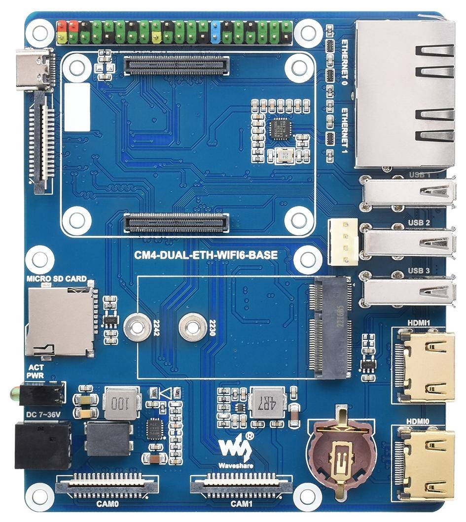 Waveshare, WIFI 6 Dual ETH Base Board für Raspberry Pi Compute Module 4, Gigabit, 100M, M.2 E KEY