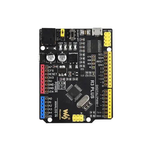 Waveshare ATMEGA328P Entwicklungsboard R3 Plus, Arduino-kompatibel, USB/UART Wandler, 800mA, 3.3-5V Waveshare ATMEGA328P Entwicklungsboard R3 Plus, Arduino-kompatibel, USB/UART Wandler, 800mA, 3.3-5V