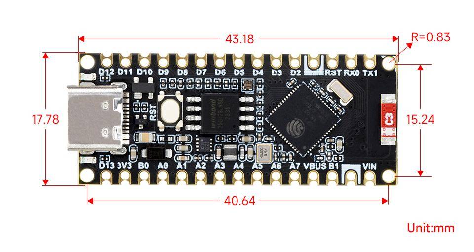 Waveshare ESP32-S3 Nano Entwicklungsboard, Wifi, Bluetooth, 8MB PSRAM, 16MB Flash - Auswahl: ohne Header