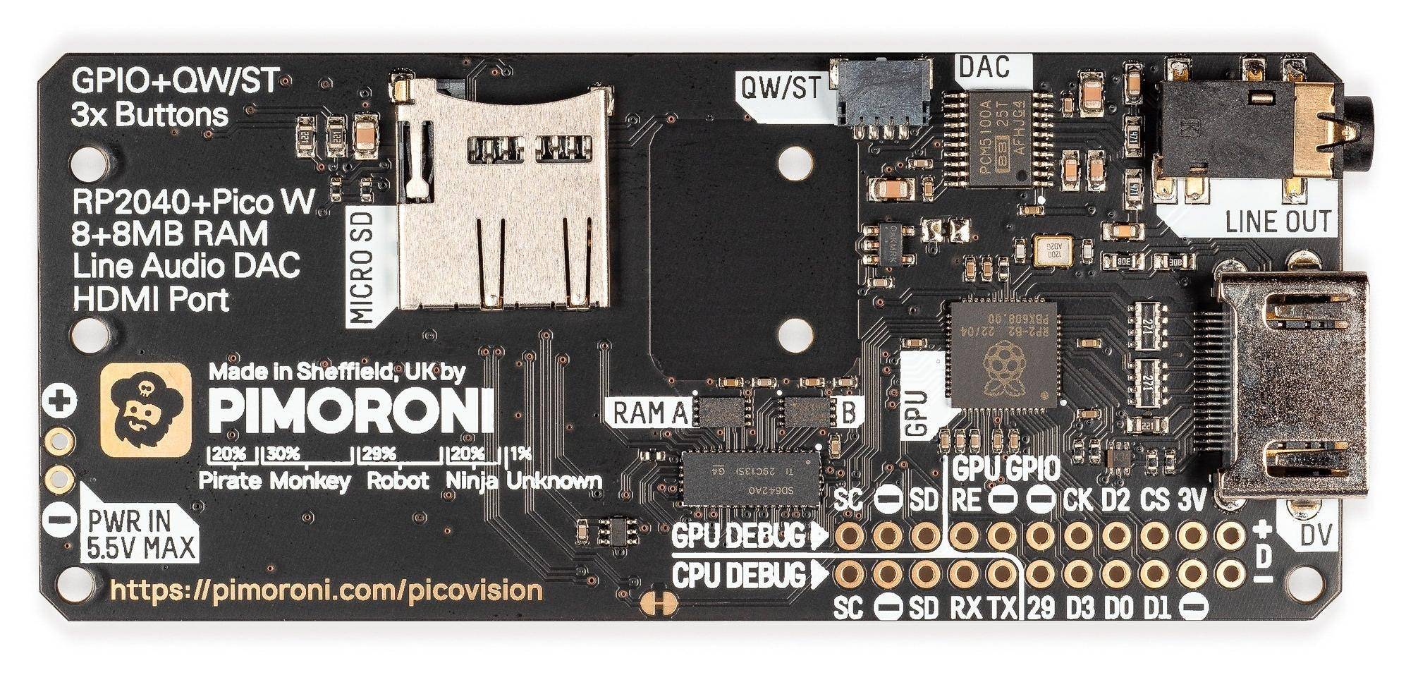 Pimoroni PicoVision PicoW + Zubehör Kit, 264kB SRAM, 2MB Flash, HDMI, 32GB MicroSD, USB Splitter