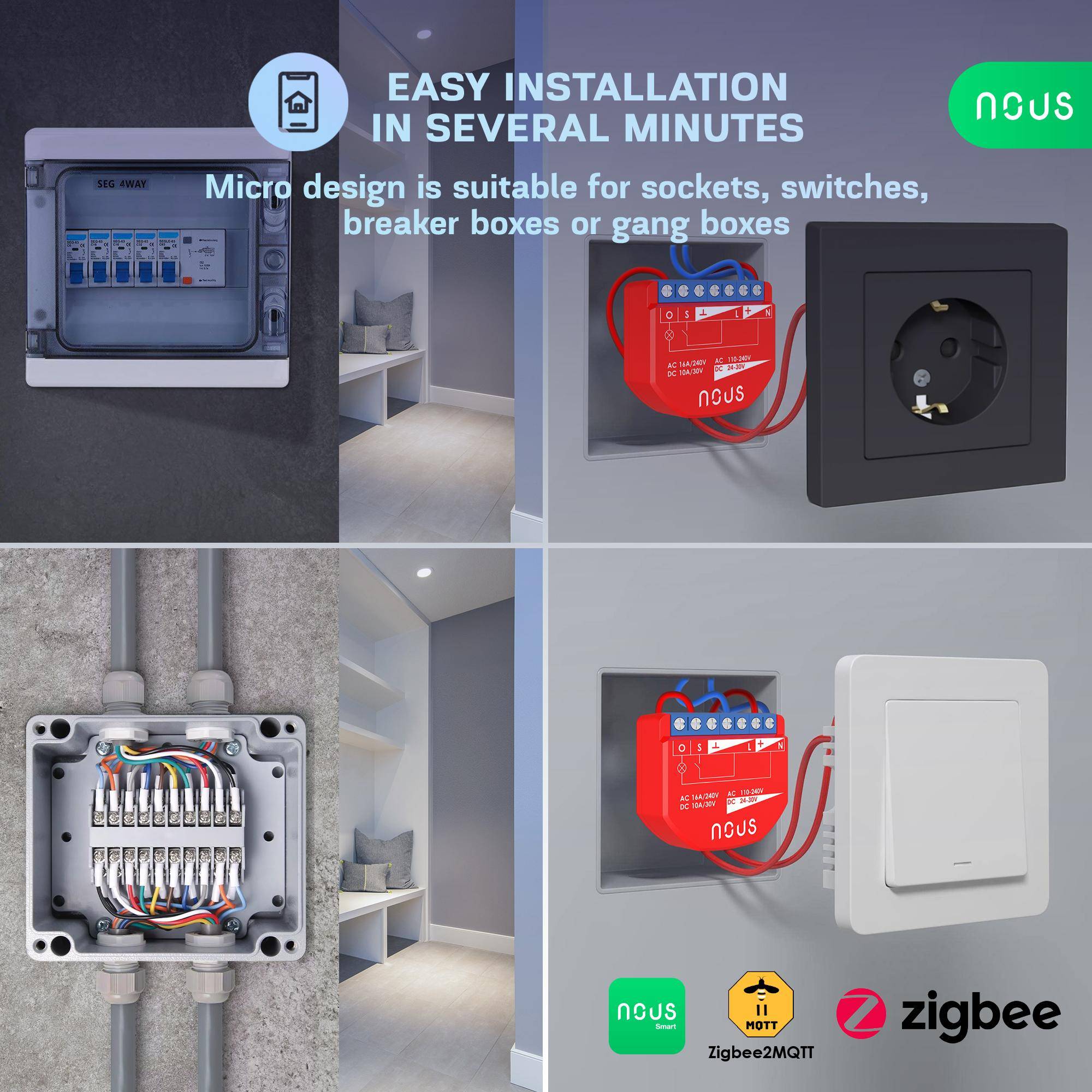Nous B2Z ZigBee Smart Switch, 1 Kanal, Steuerung per App, Alexa/Google Assistant, Timer, Zigbee 3.0