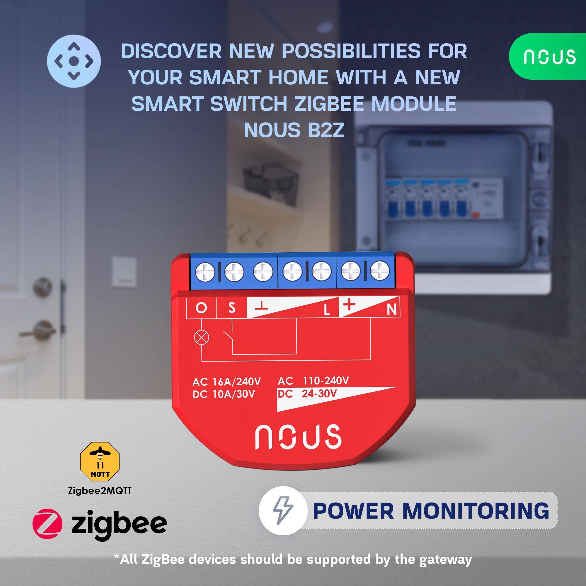Nous B2Z ZigBee Smart Switch, 1 Kanal, Steuerung per App, Alexa/Google Assistant, Timer, Zigbee 3.0