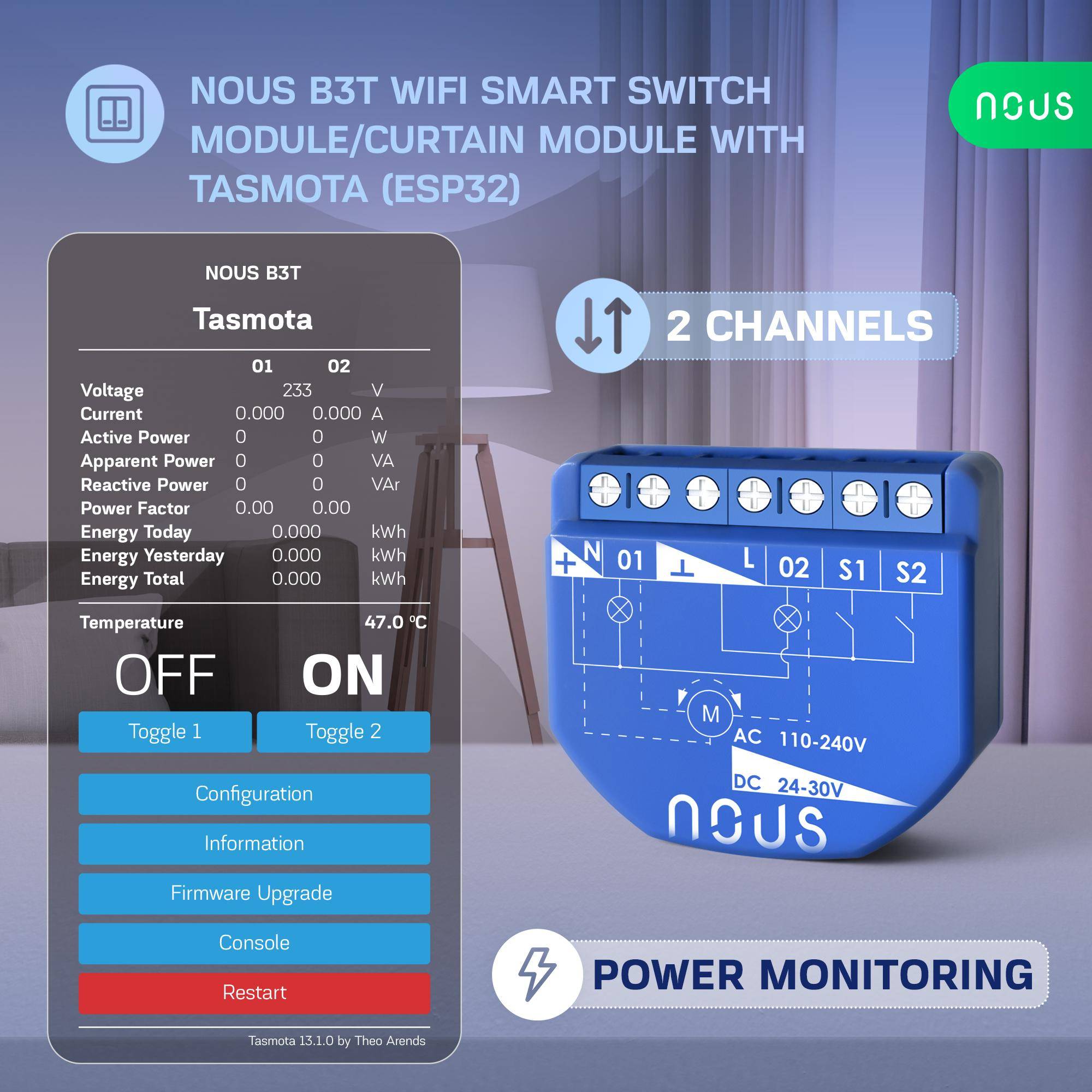 Nous B3T WiFi Tasmota Switch Module, ESP32, MATTER Unterstützung, MQTT, 2 Kanäle, mit PM